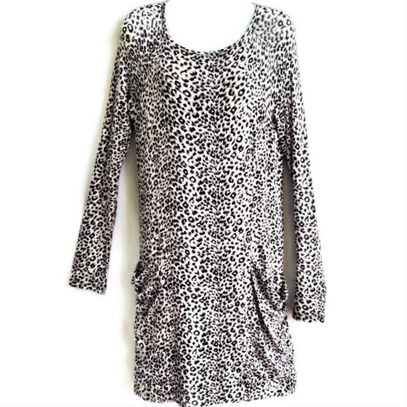 BCBGMaxAzria Dress Crista Fitted Animal Leopard Scoop Neck Sheer Long Sleeve L - Picture 2 of 8